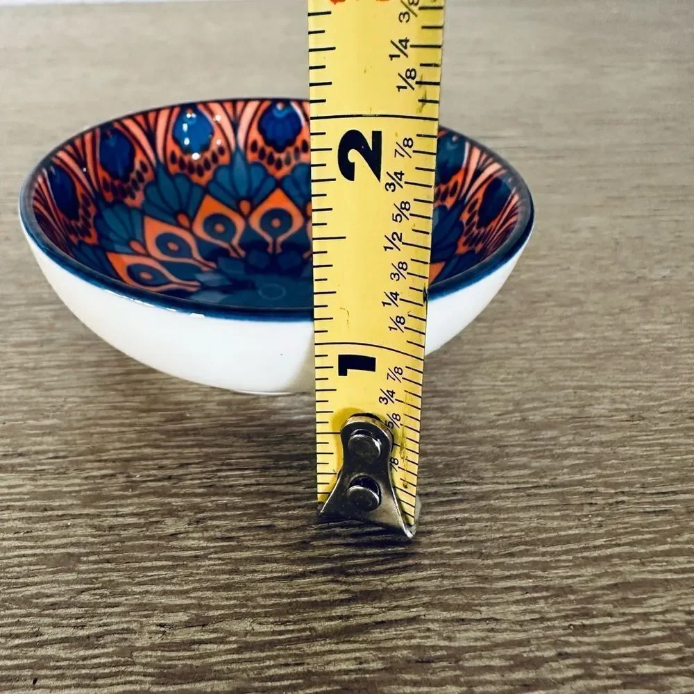 Ceramic Trinket Dish Serving Bowl Orange Blue Boho Pattern